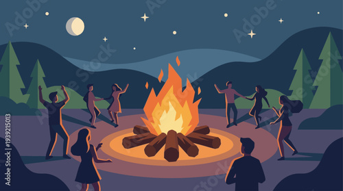 People gathered around a campfire under starry night sky at a serene outdoor campsite with mountains and trees