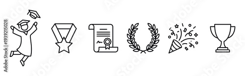 Set of black line art icons representing graduation and achievement, including a graduate, medal, diploma, laurel wreath, party popper, and trophy in a simple minimalist style