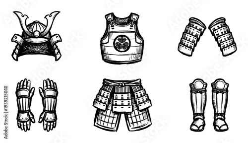 Set of traditional samurai warrior armor pieces hand-drawn in a black and white ink sketch style, showing the kabuto helmet, chest plate, gauntlets, and leg guards