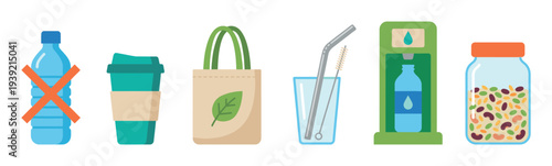 Set of eco-friendly reusable items for a zero-waste lifestyle, including a coffee cup, tote bag, metal straw, water dispenser, and glass jar for bulk shopping