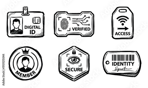 Hand-drawn digital identity and security icons collection featuring a biometric fingerprint scanner, secure access card, verified member badge, and personal ID in a monochrome sketch style