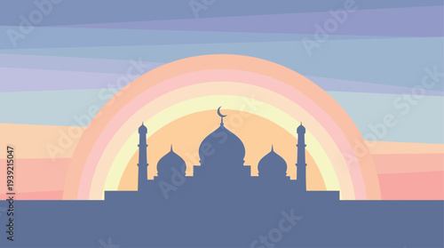 Silhouette of mosque at sunset with rainbow colors in the background