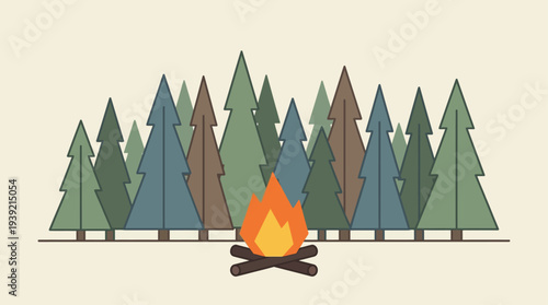 Campfire surrounded by trees in a serene forest landscape viewed from a distance