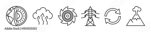 Set of six geothermal energy icons showing the Earth's core, steam, a turbine, a pylon, a recycle symbol, and a volcano in a minimalist black line art style