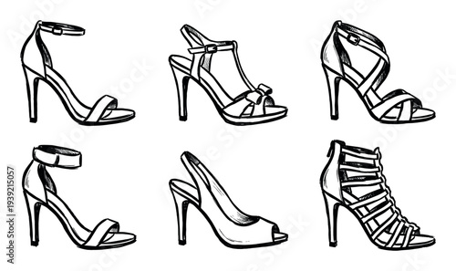 Collection of six women's high-heeled shoes hand-drawn in a black and white ink sketch style, showcasing various elegant designs like sandals, pumps, and strappy stilettos