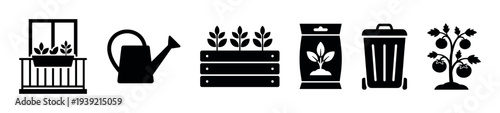Set of black silhouette style icons for urban gardening including a balcony planter, watering can, seedlings, soil bag, compost bin, and a tomato plant in a minimalist design