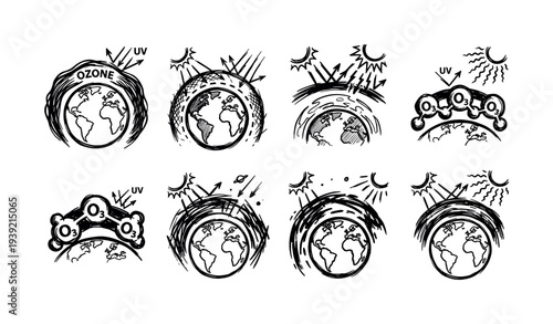 Set of hand-drawn ozone layer icons showing the Earth's atmosphere protecting the planet from the sun's harmful UV radiation in a black and white doodle sketch style