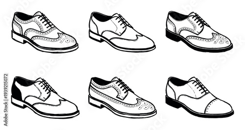 Six classic men's brogue and oxford shoes in a hand-drawn black and white sketch illustration, showcasing a collection of elegant and formal leather footwear for gentlemen