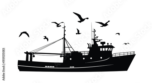 Black silhouette of a fishing boat with birds in flight silhouette