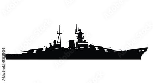 Detailed black silhouette of a battleship on a white background