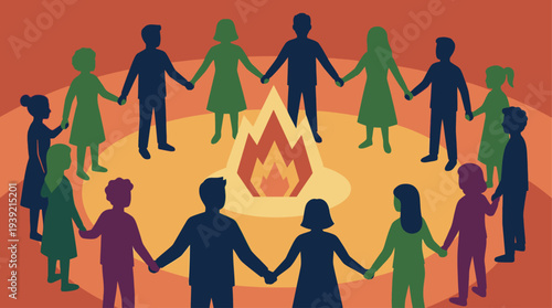 Group of people holding hands around a campfire in a circular formation illustration