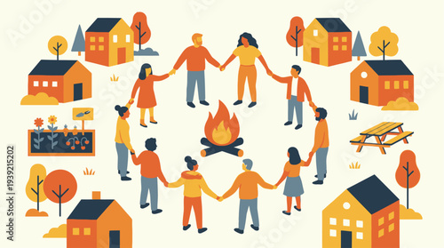 Community gathering around a campfire in a village neighborhood with homes and trees viewed from above.