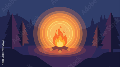 A serene campfire scene at dusk with flames and trees in a peaceful landscape viewed from a distance