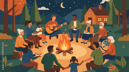 Friends gather around campfire under starry night sky in forest clearing at dusk, sharing stories and playing instruments together happily