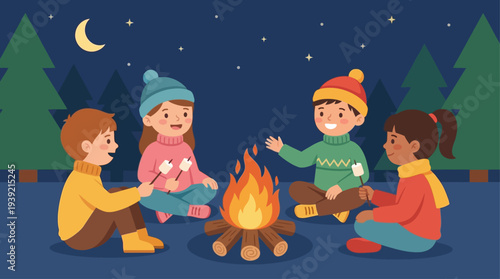 Group of friends gathered around a campfire under starry night sky with trees