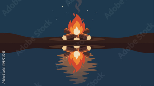 Peaceful evening campfire burning on wooden dock over calm lake water at dusk from a centered viewpoint