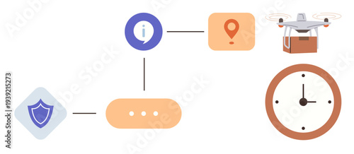 Logistics, delivery systems, e-commerce, shipment tracking, supply chain, transportation. Visual elements include icons of shield, info bubble location marker quadcopter and clock. Logistics