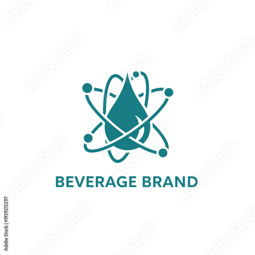 Beverage brand logo with teal atom structure around water drop, science and refreshment