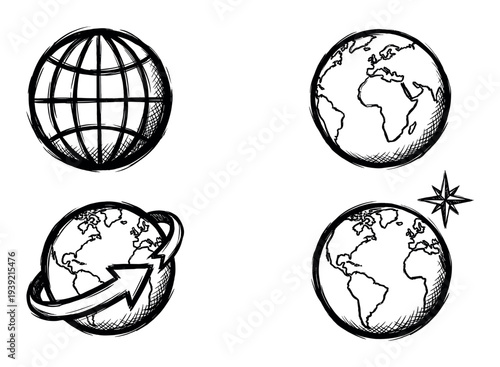 Set of four hand-drawn globe icons in a rough sketch style, illustrating concepts of planet Earth, global travel, worldwide connection, and international navigation