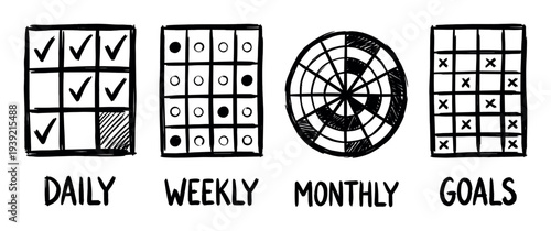 Set of hand-drawn habit tracker illustrations for daily, weekly, and monthly planning with goal-setting charts in a simple black and white doodle style