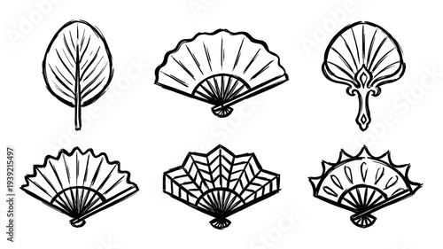 Set of six traditional Asian hand fans drawn in a black ink brush stroke style, featuring various ornate and simple designs in a minimalist collection of cultural accessories