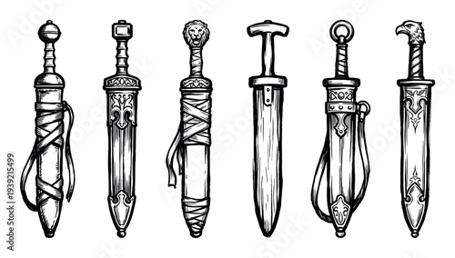 Six ancient Roman gladius swords in scabbards are depicted in a hand-drawn ink sketch style, showcasing various ornate hilts with lion and eagle heads and detailed sheaths