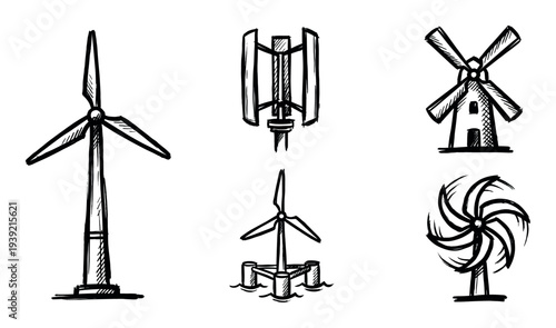 Set of six hand-drawn wind turbine icons in a black ink sketch style, showing various designs for renewable energy including offshore, vertical axis, and a classic windmill