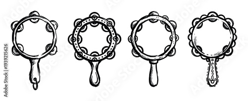 Set of four hand-drawn tambourine musical instruments in a black and white sketch style, showcasing various rustic and ornate designs for folk music concepts