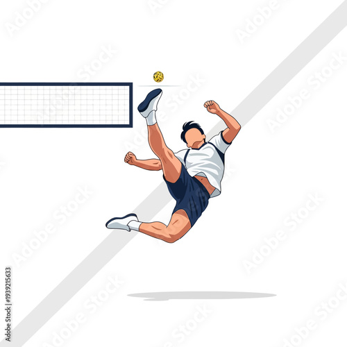 Sepak Takraw Player Acrobatics: Athlete Kicking Ball Over Net in Mid-Air