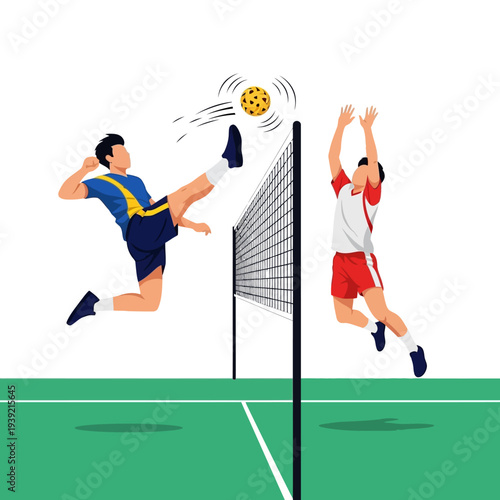 Sepak Takraw Athletes Competing in a Match, Dynamic Action Shot