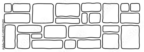 Rectangle irregular organic set with black vector shape frame box. Hand drawn stone collage with abstract wavy background. Text rectangle banner with figure graphic shape