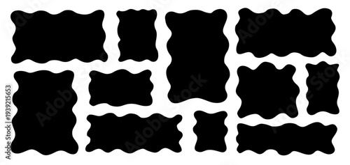 Rectangle irregular organic set with black cute vector shape frame box. Hand drawn rough collage with abstract wavy background. Text rectangle banner with figure graphic shape