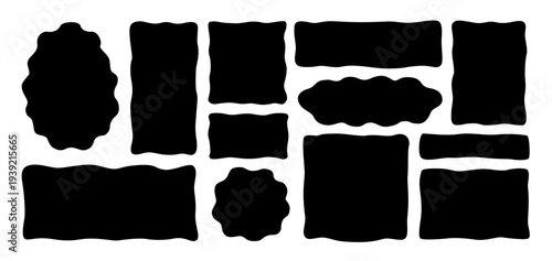 Abstract irregular organic set with black cute vector shape frame box. Hand drawn rough collage with abstract wavy background. Text rectangle banner with figure graphic shape