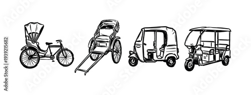 Collection of four traditional Asian vehicles including a cycle rickshaw, pulled rickshaw, and two auto rickshaws drawn in a simple black and white hand-drawn sketch style
