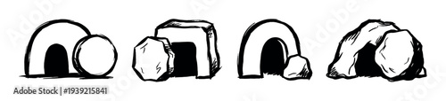 Hand-drawn set of empty tomb illustrations with the stone rolled away, depicted in a simple black and white brush stroke style as a symbol of the resurrection
