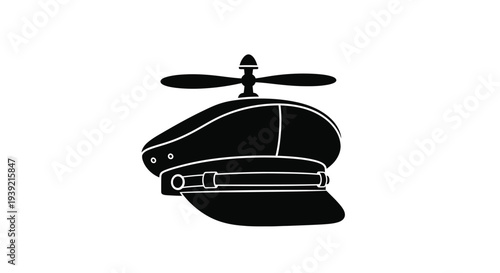 Stylized black and white illustration of a pilot s cap with propeller