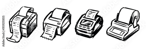 Four black and white sketch illustrations of point of sale receipt printers, hand-drawn with rough ink brush strokes to represent business, shopping, and payment concepts