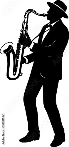 Classic Jazz Performer with Saxophone Black and White Vector