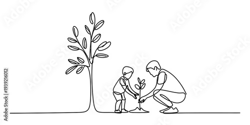 Father and Son Planting Young Tree Together