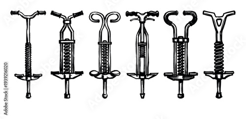 Six different pogo stick toy designs in a hand-drawn black ink sketch style showing a variety of jumping equipment for children's outdoor activity and fun