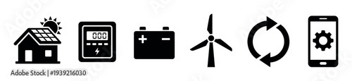 Set of black renewable energy icons representing green technology concepts like solar power, wind turbines, battery storage, recycling, and smart home energy management