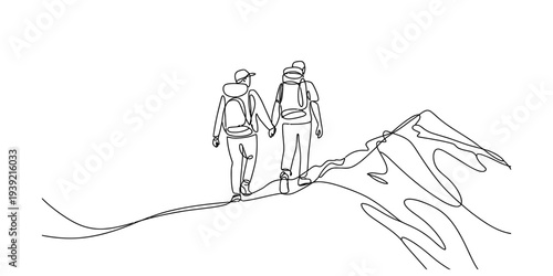 Couple Hiking on Mountain Peak Holding Hands