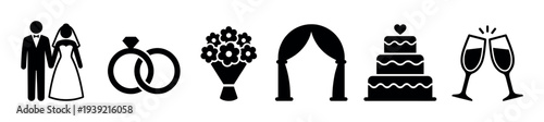 Set of black wedding and marriage icons featuring a bride and groom, rings, bouquet, ceremony arch, tiered cake, and clinking glasses, presented in a clean, minimalist silhouette style