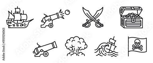 Set of black outline pirate themed icons featuring a galleon, firing cannon, crossed sabers, treasure chest, explosion, sinking ship, and Jolly Roger flag in a clean vector style