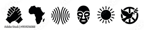 Set of black silhouette icons representing African heritage, unity, and peace, featuring a handshake, continent map, tribal mask, sun, and a dove with an olive branch