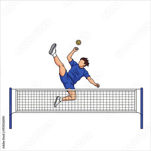 Sepak Takraw Player Performing Aerial Kick Over Net, Sports Illustration