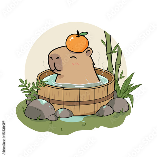 Cute Capybara Relaxing in Japanese Hot Spring Onsen Bath Tub