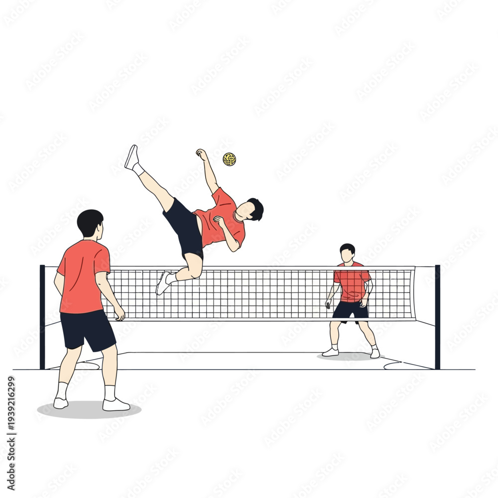 Fototapeta premium Sepak Takraw Players Competing Over Net with Acrobatics