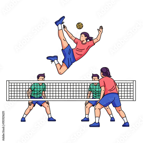 Sepak Takraw player performs acrobatic kick over net with team