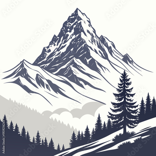Snowy mountain peak with pine trees on a in a scenic landscape illustration